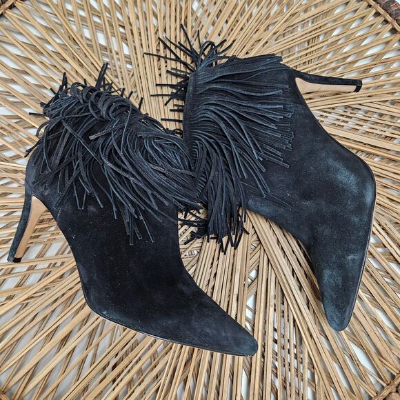Sam Edelman Kandice Suede Fringe Ankle Bootie Pumps 7.5 Black Boots Heels - Picture 4 of 11